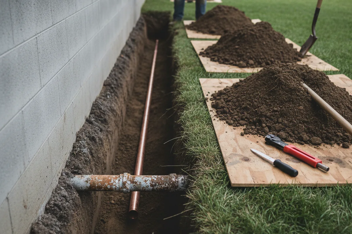 Excavated water line trench during Sewer Line Repair in Rochester